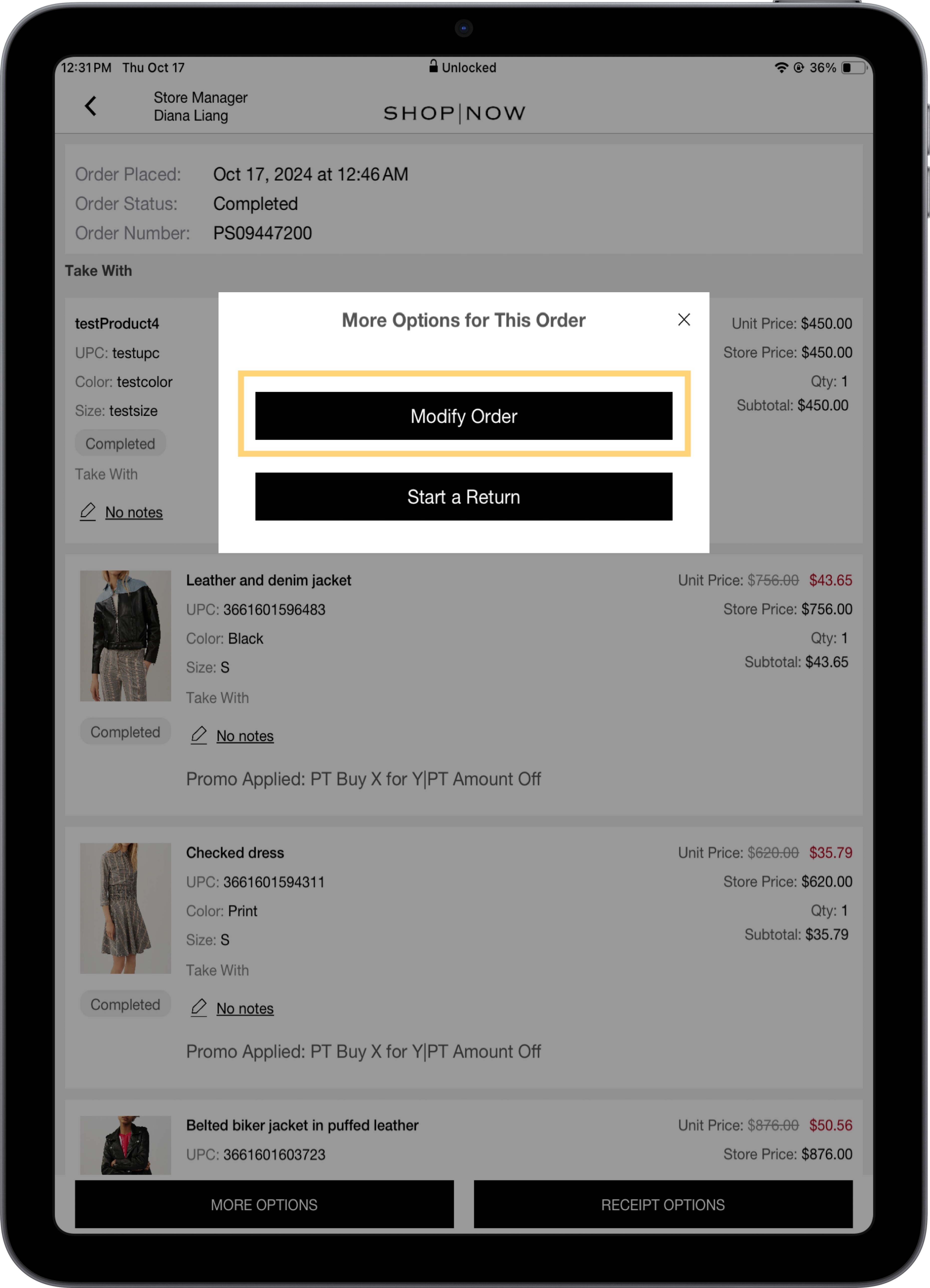 The POS app shows the Modify Order interstitial.
