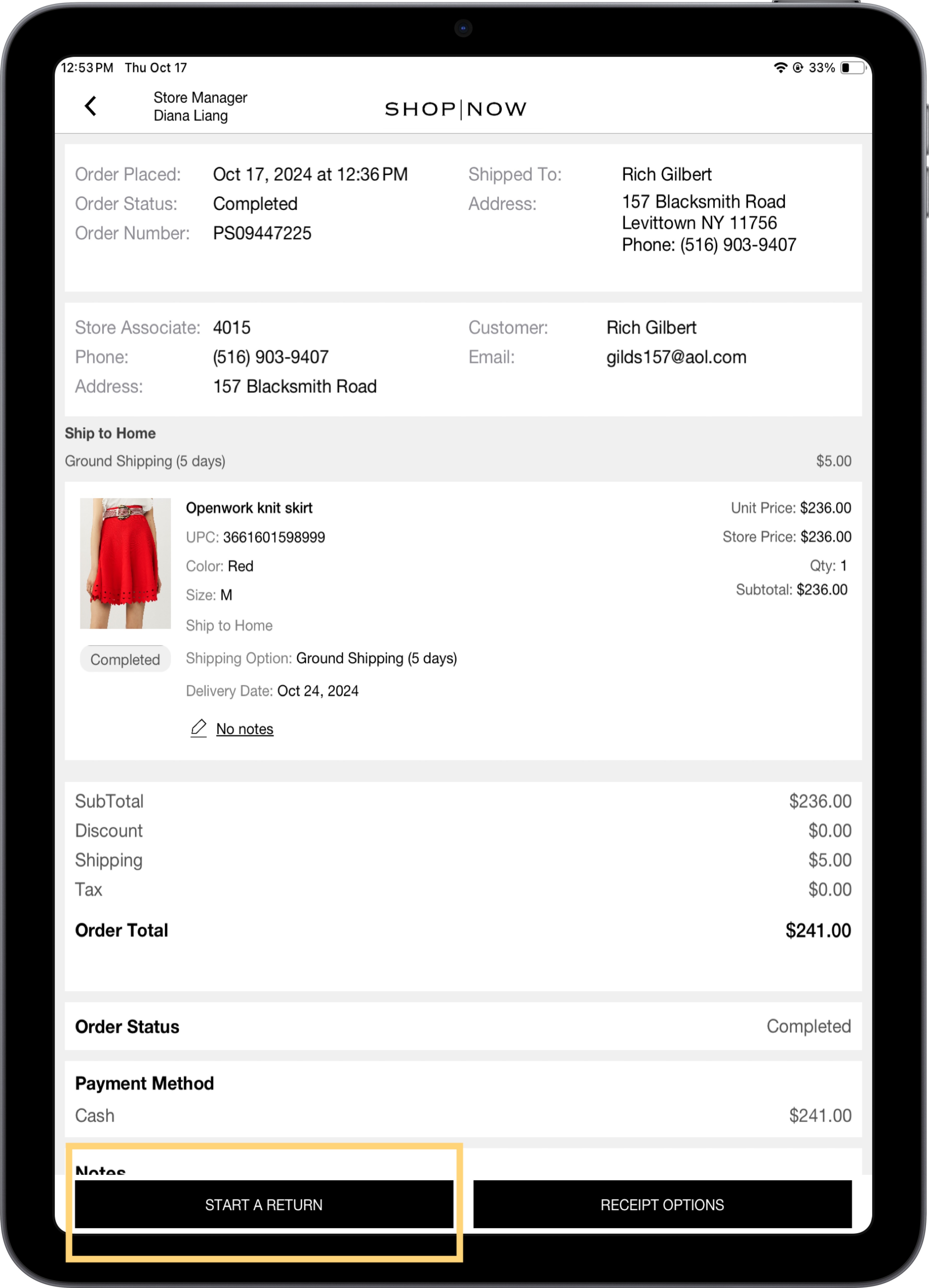 The POS app shows an order item and highlights the start a return option.
