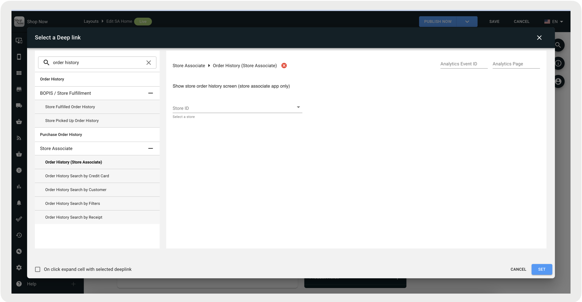 The CMS shows settings for selecting a deep link.