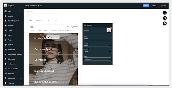 Point of Sale CMS with a customized Tab Display layout.