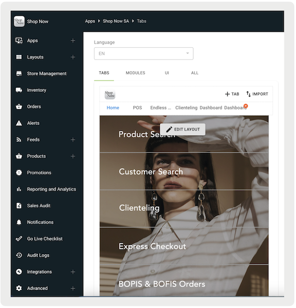 Point of Sale CMS with tabs in a different order than the default layout.