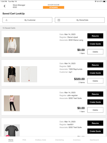 The POS App showing a Saved Cart Lookup result.