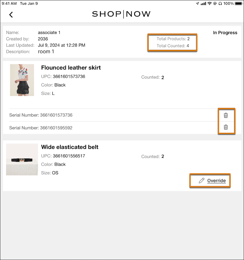 The Cycle Count Screen in the POS app.