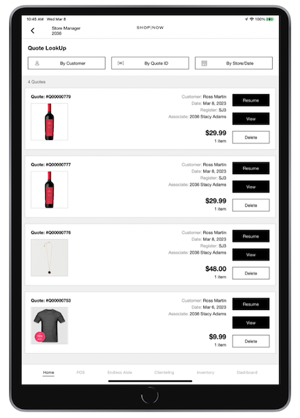 The Quotes Lookup page in the POS app with several items listed by quote number.