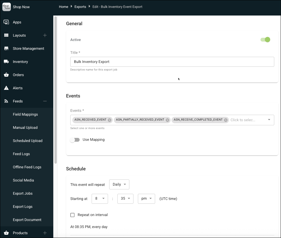 The Export Screen configured with bulk inventory in Point of Sale CMS.