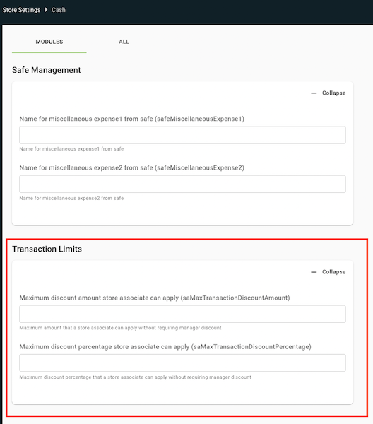 Line Item Transaction Discount Limit settings in Point of Sale CMS.