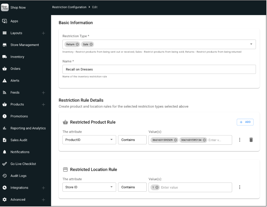 The Restriction Configuration Screen in Point of Sale CMS