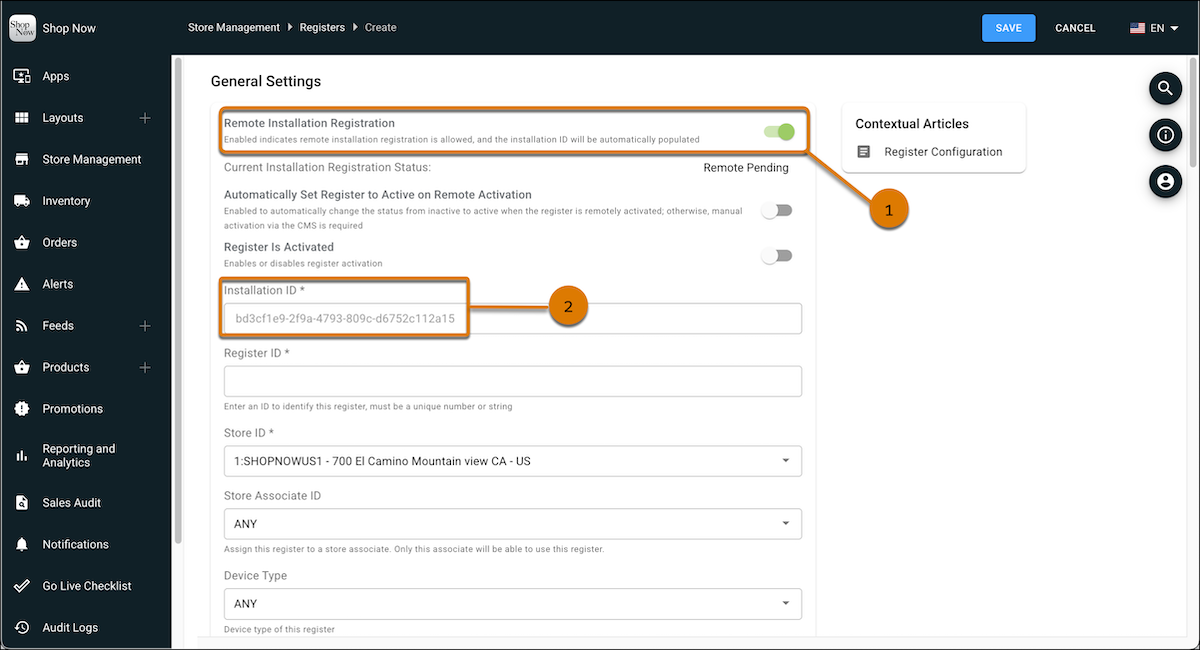 The Register creation settings in Point of Sale CMS.