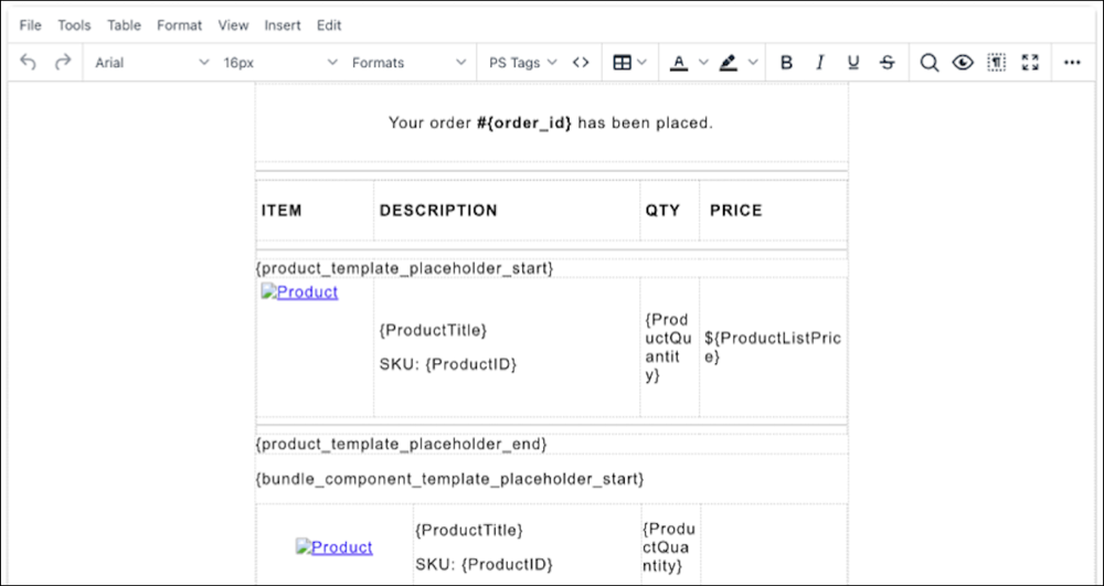 Bundle component row with the product image, title, ID, and quantity configured across the first three cells.