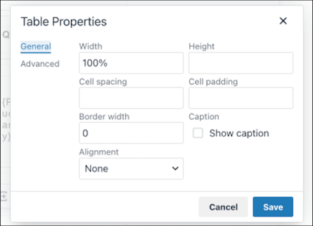 Table Properties for the 4x1 table with width set to 100 percent and borders removed.