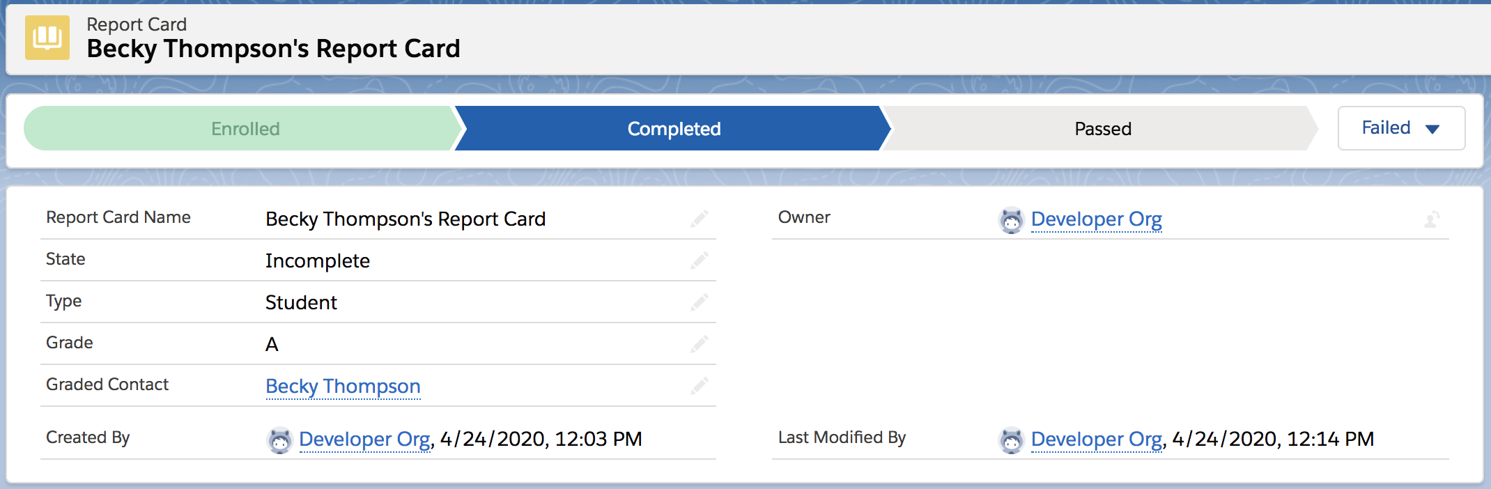 Completed report card.