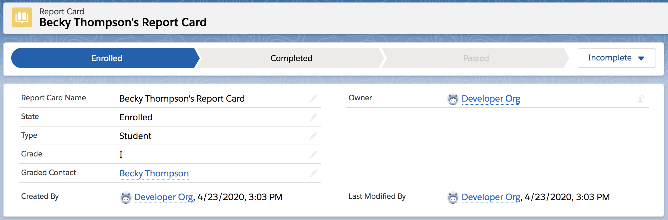 Report card in the Enrolled state.