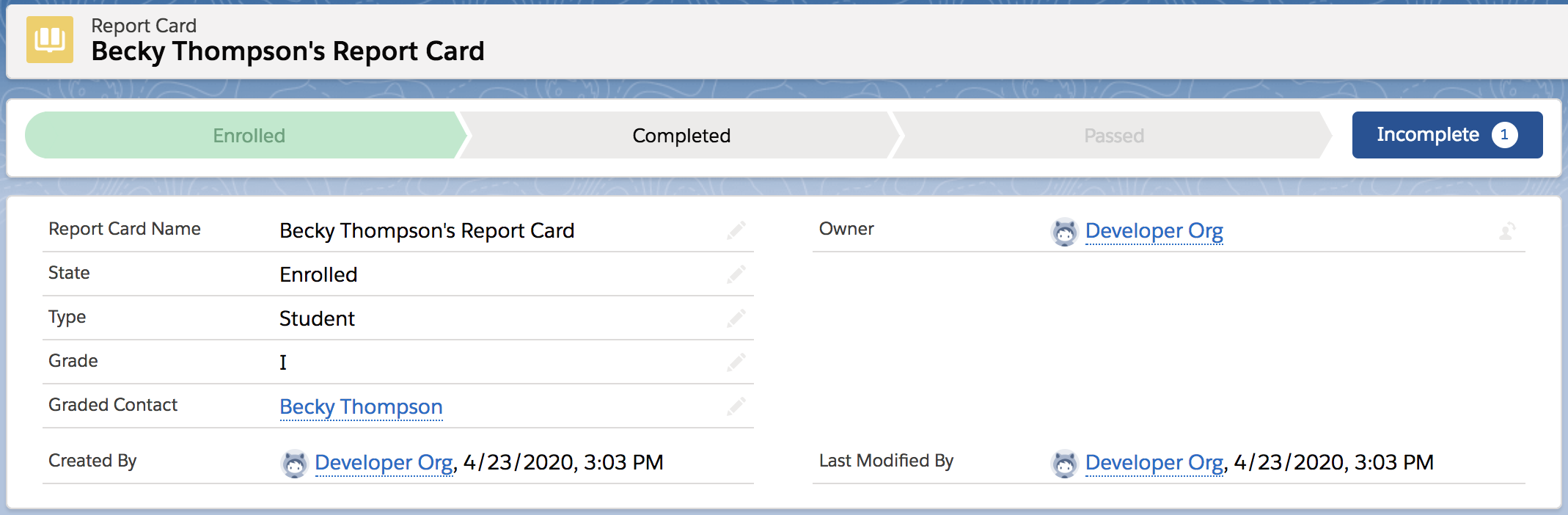 Incomplete report card.