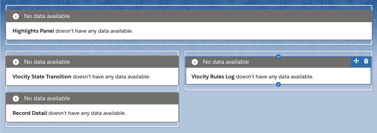 The Highlights Panel component is across the top. The Vlocity State Transition component is in the middle on the left. The Vlocity Rules Log component is in the middle on the right. The Record Detail component is at the bottom on the left.