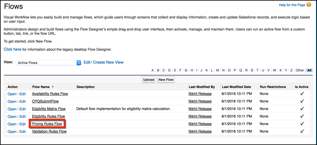 The Flows page with Pricing Rules Flow in the list.