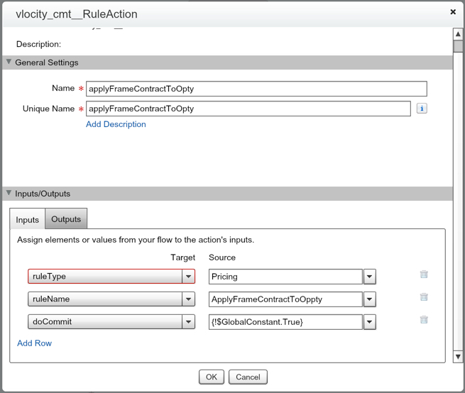 The ​vlocity_cmt__RuleAction​​ dialog with the ApplyFrameContractToOppty rule.