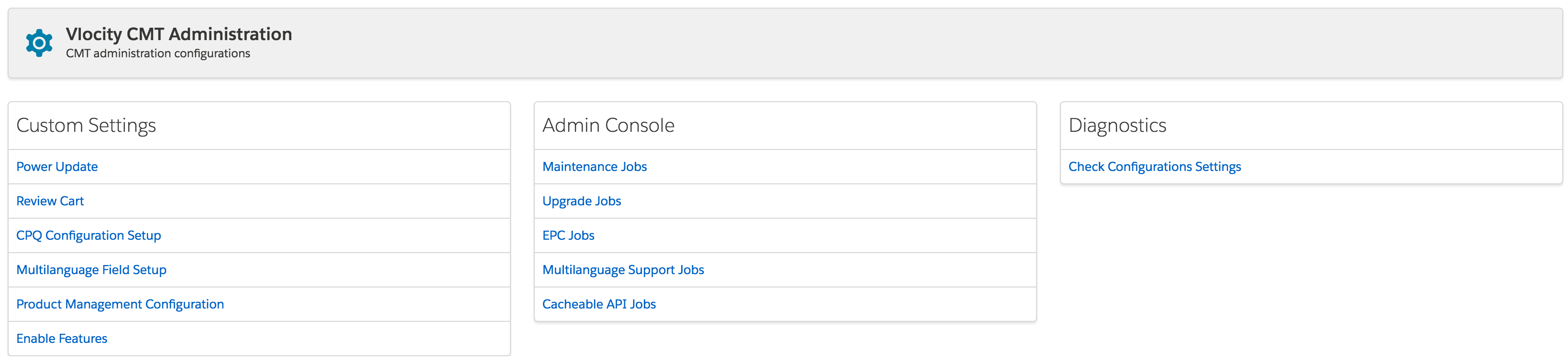 The Vlocity CMT Administration tab, with Custom Settings, Admin Console, and Diagnostics sections.