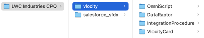 The project vlocity​​ folder with the child folders ​DataRaptor​​, ​Omniscript​​, IntegrationProcedure, and ​VlocityCard.
