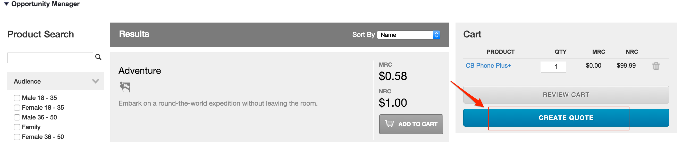 The Create Quote button in the cart.