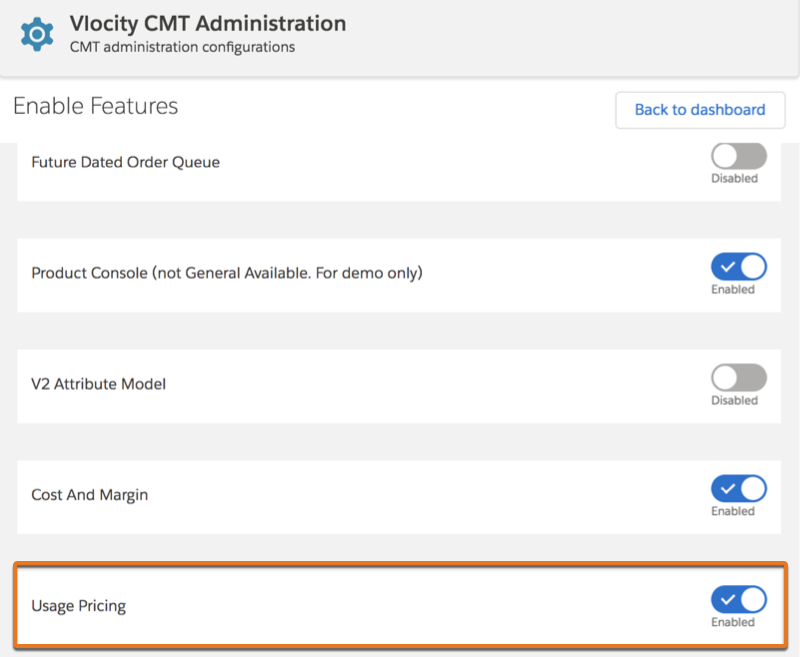 The Usage Pricing setting on the Enable Features page.