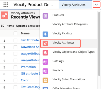 The Vlocity Attributes item highlighted in the Product Designer menu.
