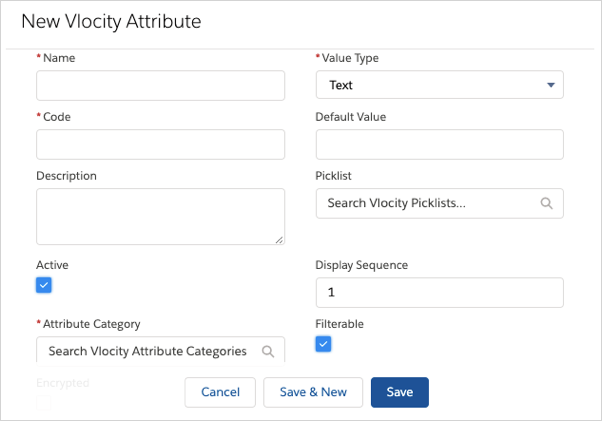 Example of the New Vlocity Attribute Category dialog