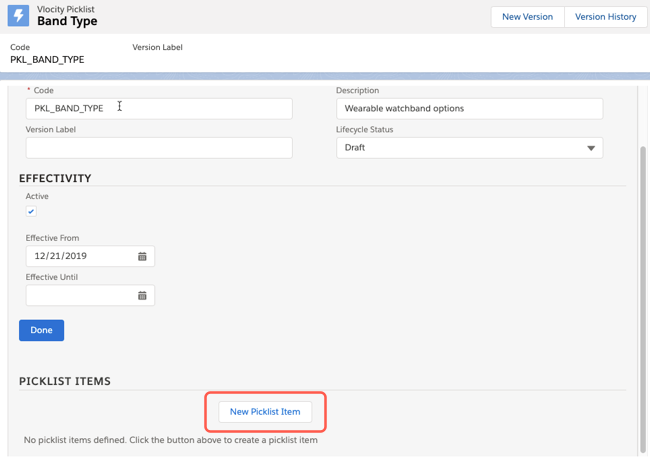 The New Picklist Item​ button highlighted in the Picklist Items section on the Picklist page.