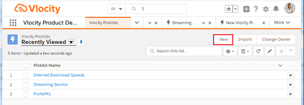 The New button highlighted in the Vlocity Picklists screen