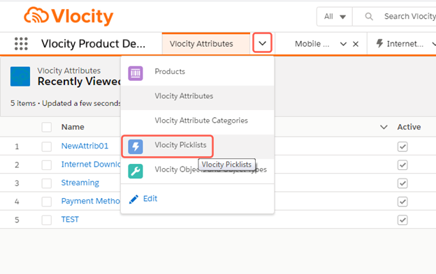 The Vlocity Picklists item highlighted in the Product Designer menu.