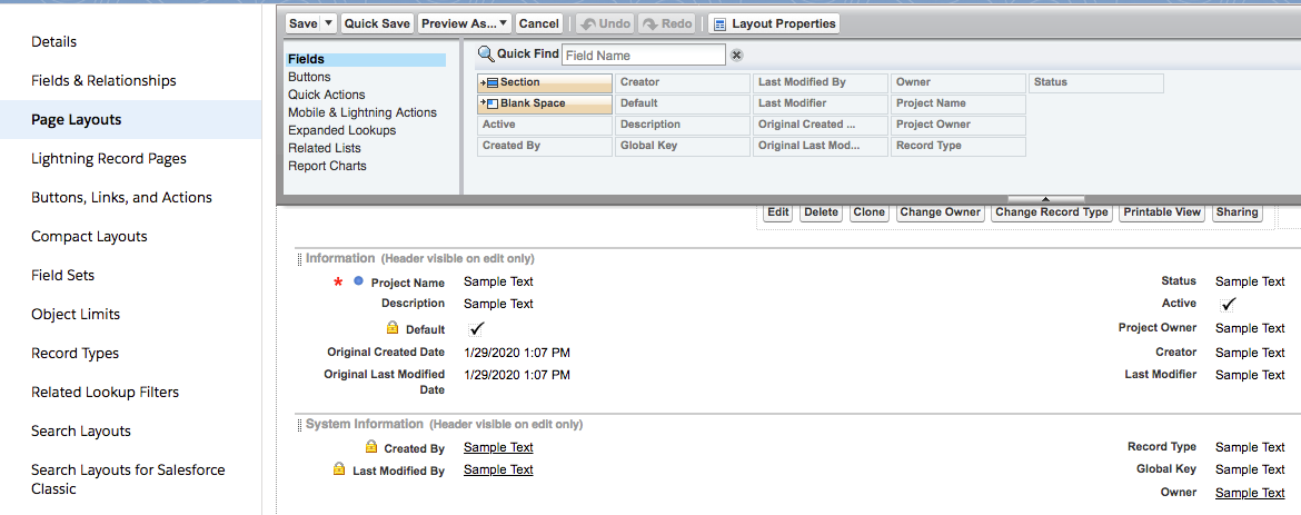 The Fields palette in the Project page layout.