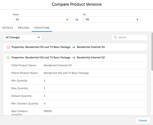 An example of the Compare Product Versions dialog