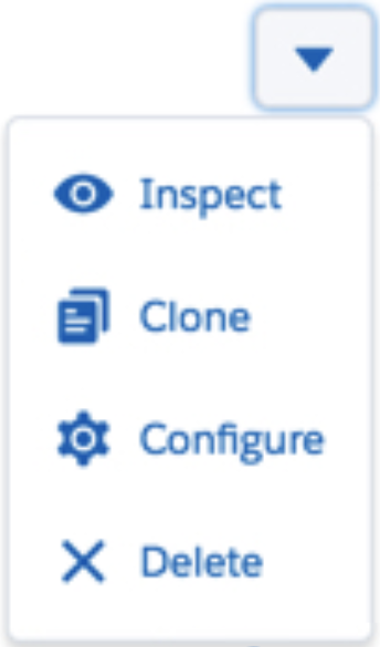 The Show Actions menu with Inspect, Clone, Configure, and Delete commands.