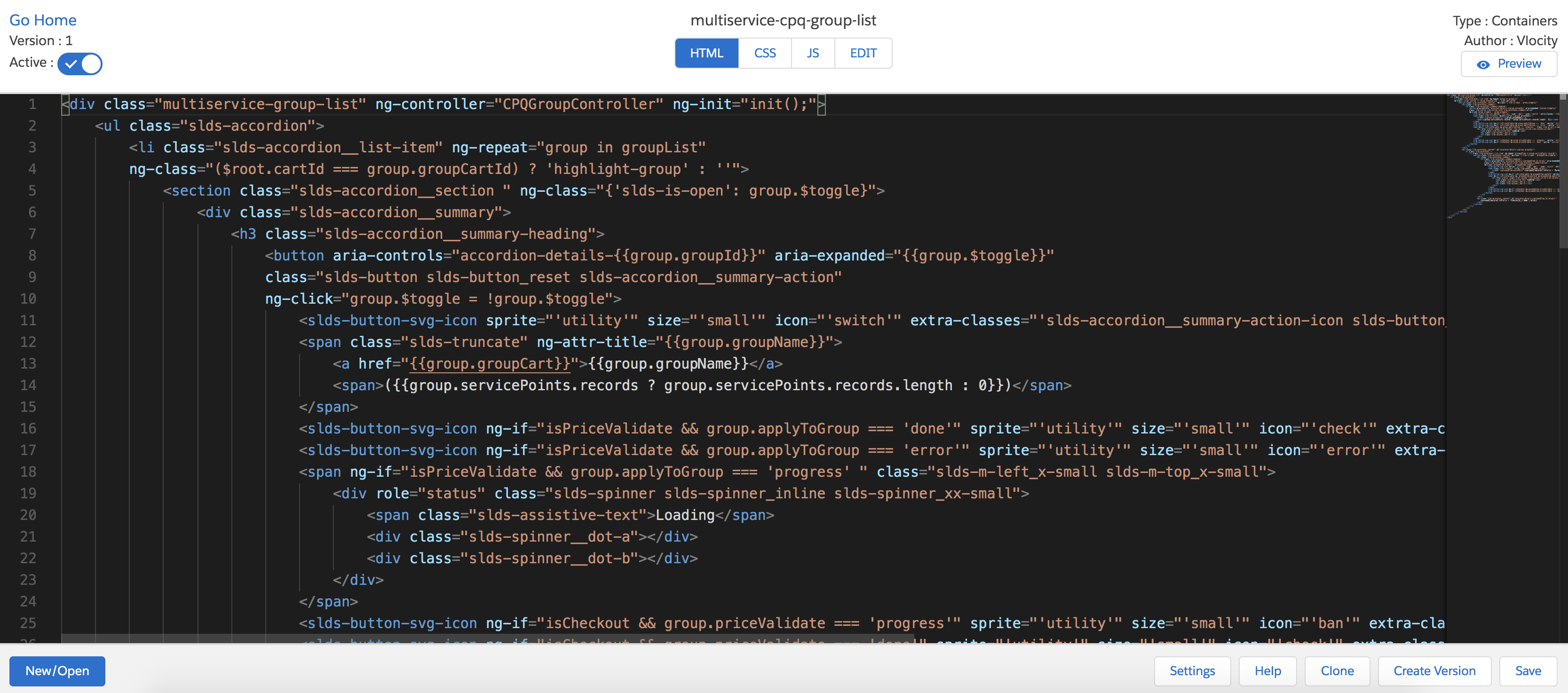 Some of the multiservice-cpq-group-list template code.