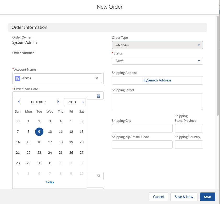 The New Order dialog box.