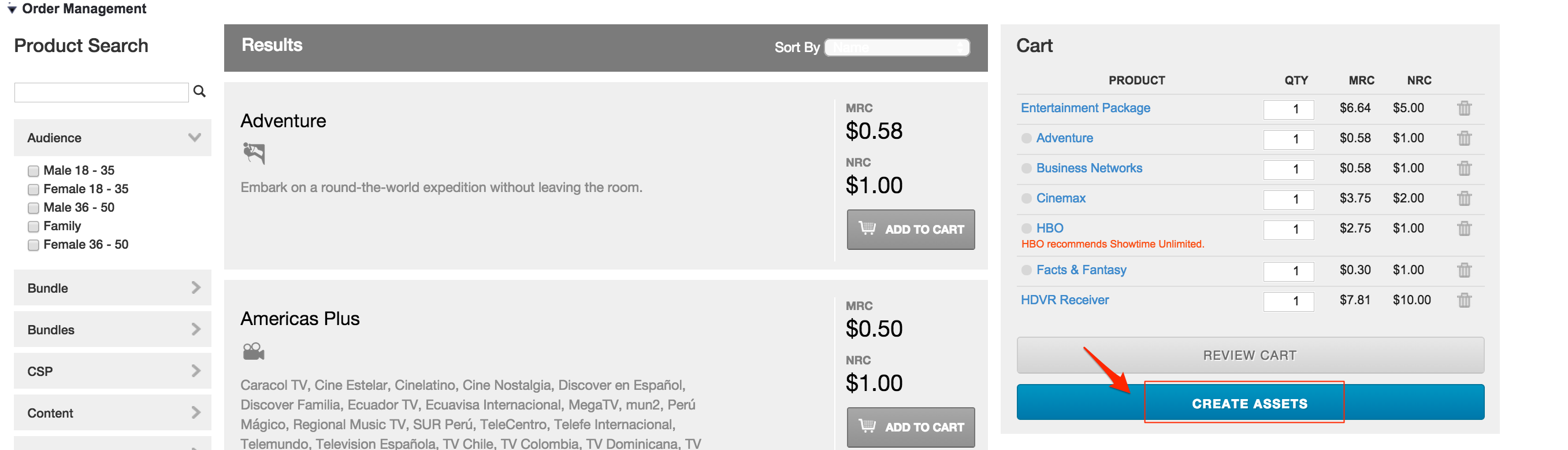The Create Assets button in the cart.