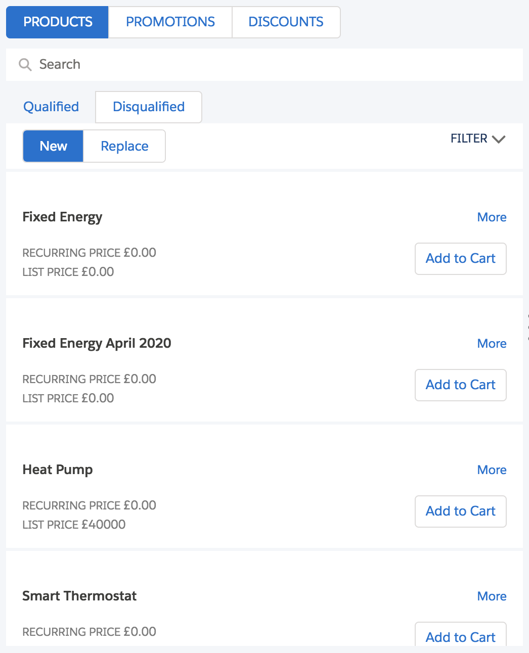 The Products tab with an Add to Cart button for each listed product.