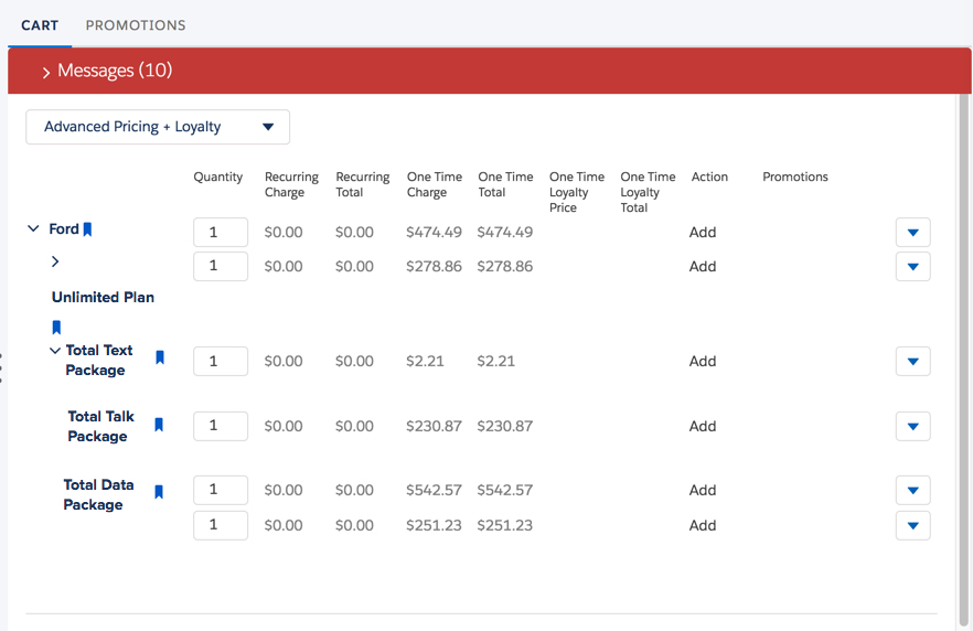 The Cart tab with a top-level product and child products.
