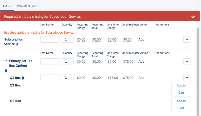 A cart with a 'Required attribute missing...' error.
