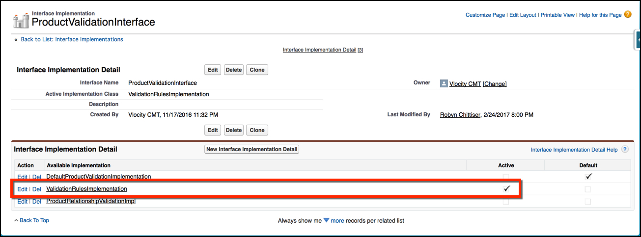 The ProductValidationInterface with ValidationRulesImplementation set to Active.