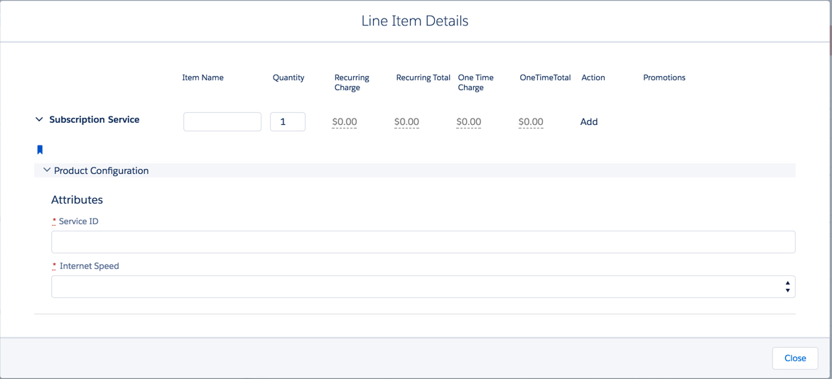 The line item details for the Subscription Service product include two attributes: Service ID and Internet Speed.