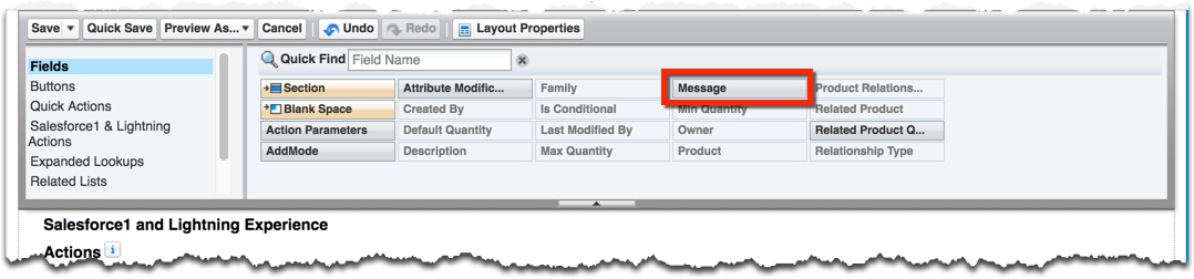The Message field in the Layout palette.