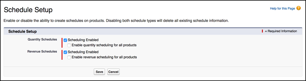 The Schedule Setup page, with Quantity Schedules and Revenue Schedules enabled.