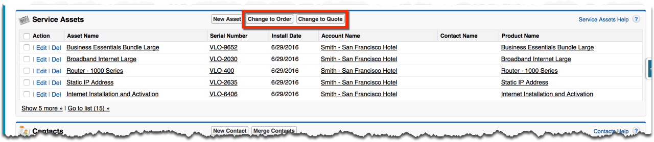 The Change to Order and Change to Quote buttons for the Service Assets related list.