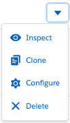 The menu displayed when you click the arrow on the right, with Inspect, Clone, Configure, and Delete commands.