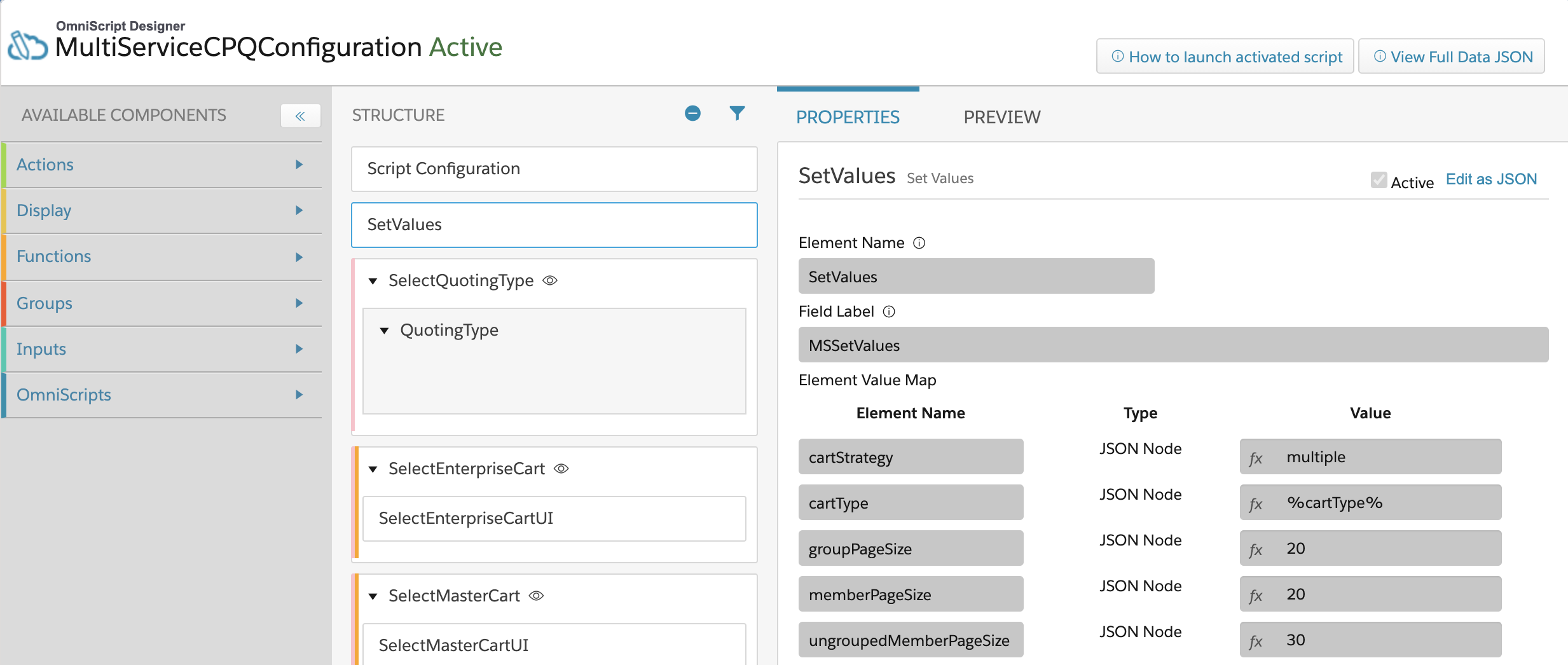 The MultiServiceCPQConfiguration OmniScript is open in the OmniScript Designer, and the first SetValues component is selected. In the Element Value Map, cartStrategy is set to multiple.