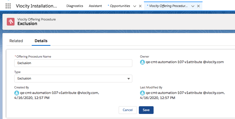 The Vlocity Offering Procedure Details page.