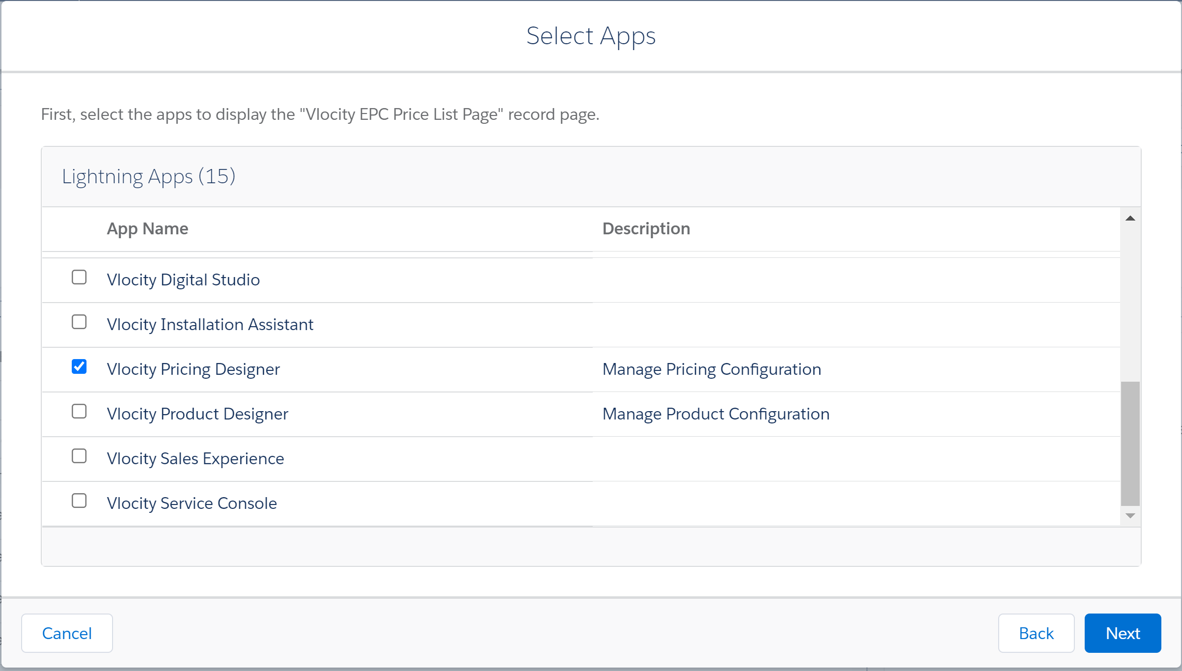 Select Apps dialog