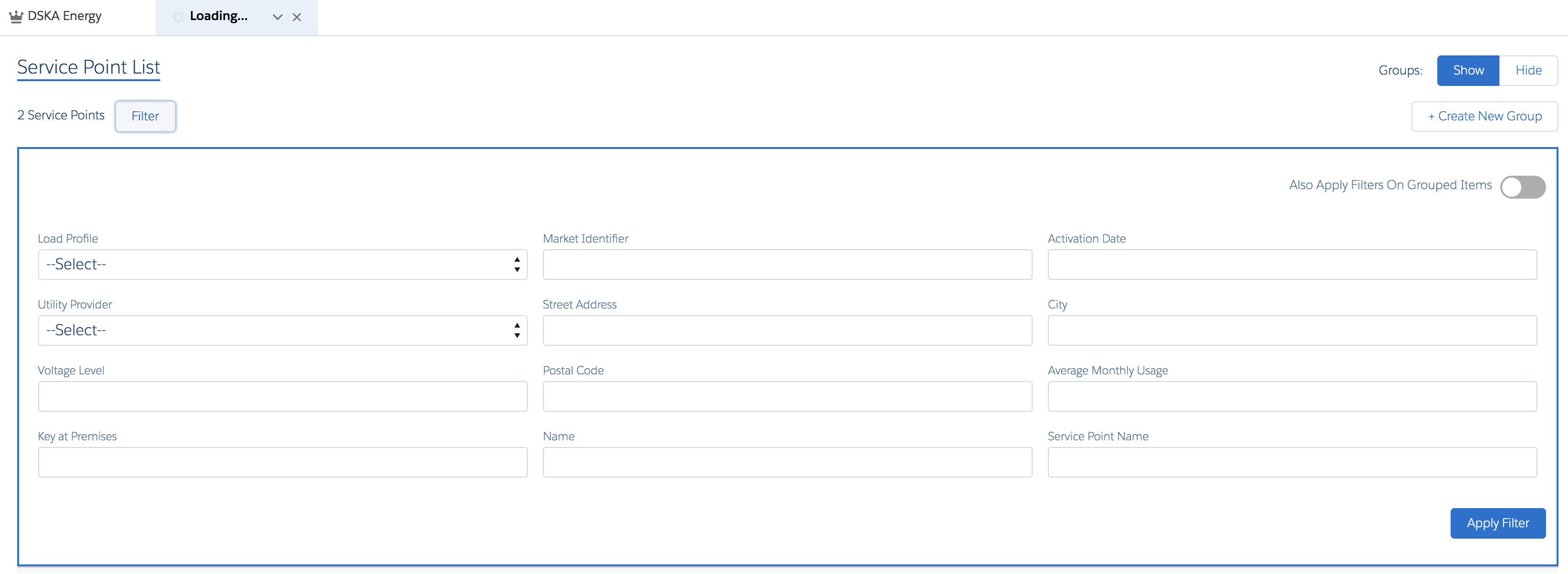 You can filter the Service Point List by Load Profile, Utility Provider, Voltage Level, Key at Premises, and other properties.