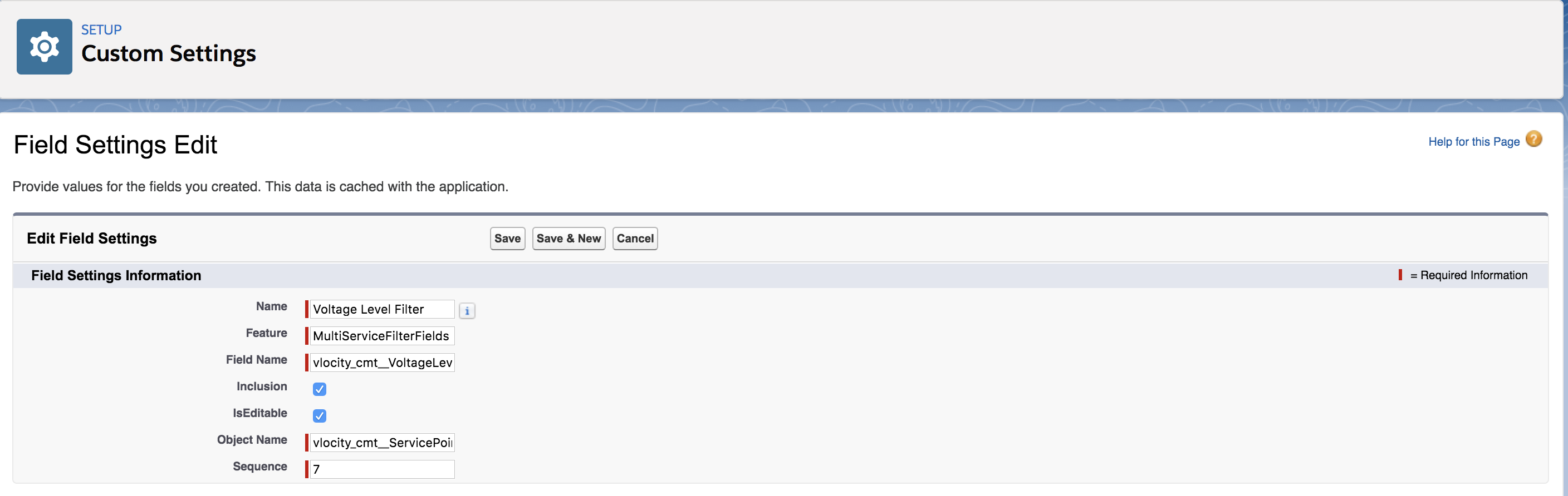On the Field Settings Edit page, Name is Voltage Level Filter, Feature is MultiServiceFilterFields, Field Name is vlocity_cmt__VoltageLevel__c, Inclusion and IsEditable are checked, Object Name is vlocity_cmt__ServicePoint__c, and Sequence is 7.