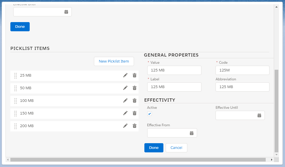 Example of the Picklist Items section and the General Properties for an item